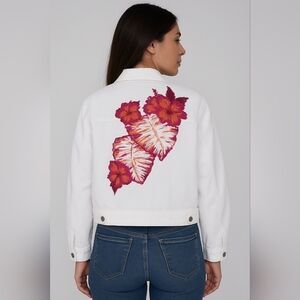 Calvin Klein Jeans White Jean Jacket with Pink Floral Design On The Back